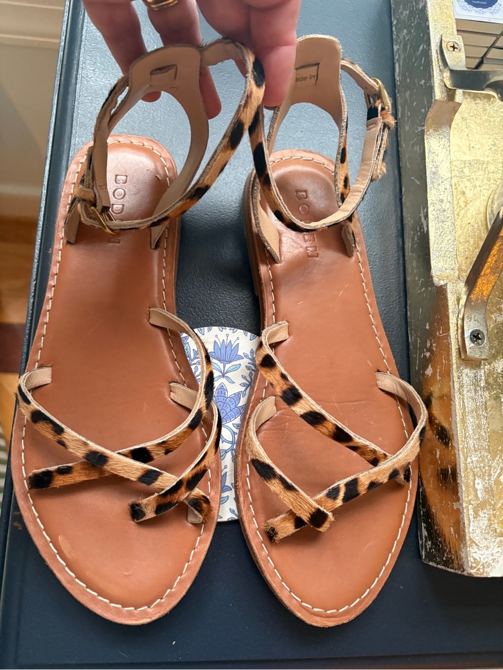 Boden Leopard-Print Strappy Leather Sandals in Tan and Black Pony Hair